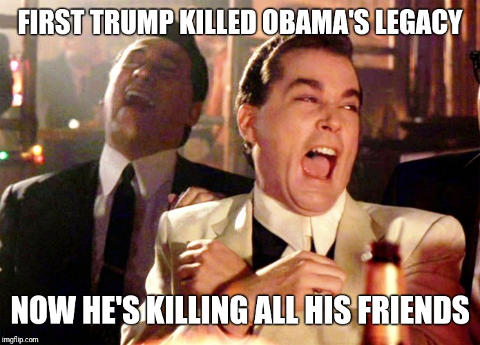 Rest In Pieces Soleimani | FIRST TRUMP KILLED OBAMA'S LEGACY; NOW HE'S KILLING ALL HIS FRIENDS | image tagged in memes,good fellas hilarious,obama,donald trump | made w/ Imgflip meme maker