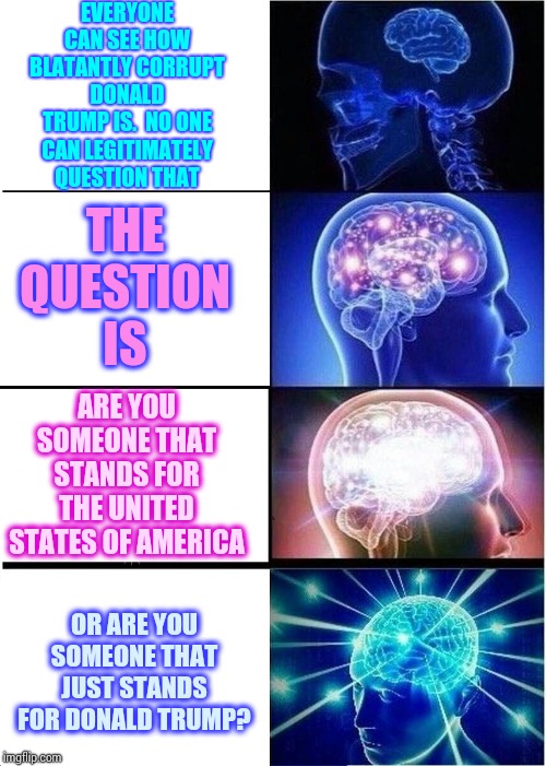 Corrupt Or Not Corrupt Is Not A Legitimate Credible Question.  It Never Was. | EVERYONE CAN SEE HOW BLATANTLY CORRUPT DONALD TRUMP IS.  NO ONE CAN LEGITIMATELY QUESTION THAT; THE QUESTION IS; ARE YOU SOMEONE THAT STANDS FOR THE UNITED STATES OF AMERICA; OR ARE YOU SOMEONE THAT JUST STANDS FOR DONALD TRUMP? | image tagged in memes,expanding brain,duhhh dumbass,trump unfit unqualified dangerous,liar in chief,lock him up | made w/ Imgflip meme maker