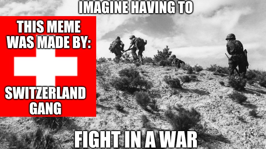 Switzerland Gang Boys | IMAGINE HAVING TO; THIS MEME WAS MADE BY:; SWITZERLAND GANG; FIGHT IN A WAR | image tagged in switzerland,gang,this meme was made by,ww3,iran,usa | made w/ Imgflip meme maker