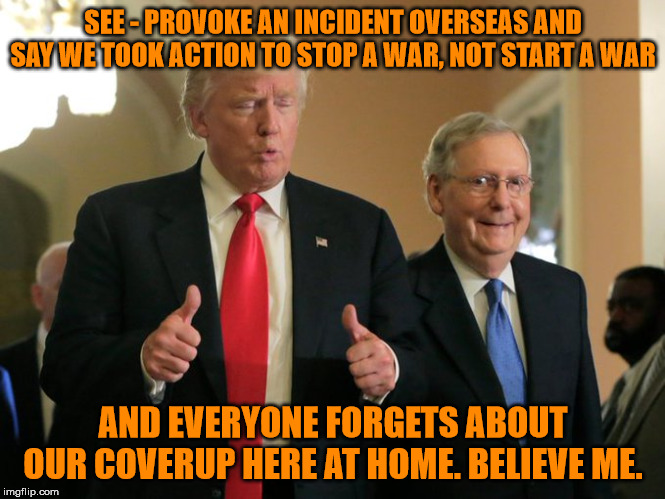 Wag the dog much? | SEE - PROVOKE AN INCIDENT OVERSEAS AND SAY WE TOOK ACTION TO STOP A WAR, NOT START A WAR; AND EVERYONE FORGETS ABOUT OUR COVERUP HERE AT HOME. BELIEVE ME. | image tagged in trump mcconnell,memes,politics | made w/ Imgflip meme maker