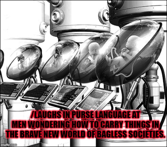 Brave New World | /LAUGHS IN PURSE LANGUAGE AT MEN WONDERING HOW TO CARRY THINGS IN THE BRAVE NEW WORLD OF BAGLESS SOCIETIES. | image tagged in brave new world | made w/ Imgflip meme maker
