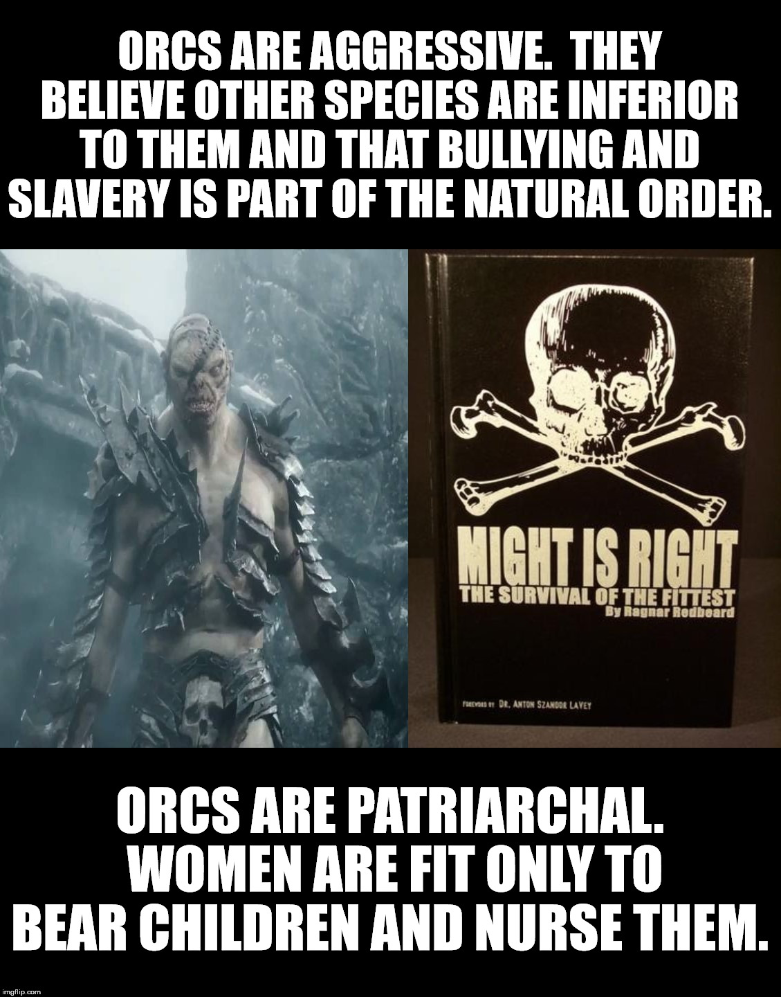 Orcs and Might is Right. | ORCS ARE AGGRESSIVE.  THEY BELIEVE OTHER SPECIES ARE INFERIOR TO THEM AND THAT BULLYING AND SLAVERY IS PART OF THE NATURAL ORDER. ORCS ARE PATRIARCHAL.  WOMEN ARE FIT ONLY TO BEAR CHILDREN AND NURSE THEM. | image tagged in orcs,might is right,malignant narcissism,bullying,slavery,evil | made w/ Imgflip meme maker