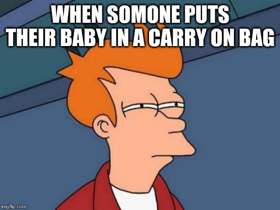 Futurama Fry Meme | WHEN SOMONE PUTS THEIR BABY IN A CARRY ON BAG | image tagged in memes,futurama fry | made w/ Imgflip meme maker