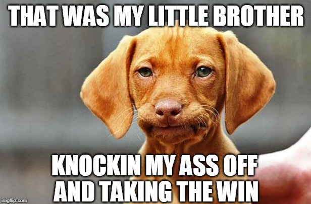 Frowning Dog | THAT WAS MY LITTLE BROTHER KNOCKIN MY ASS OFF 
AND TAKING THE WIN | image tagged in frowning dog | made w/ Imgflip meme maker