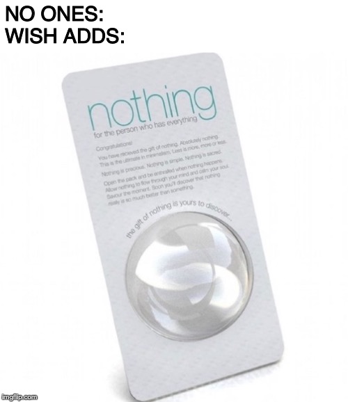 Wish Adds | NO ONES: 
WISH ADDS: | image tagged in memes,funny,wish,facebook,nothing | made w/ Imgflip meme maker