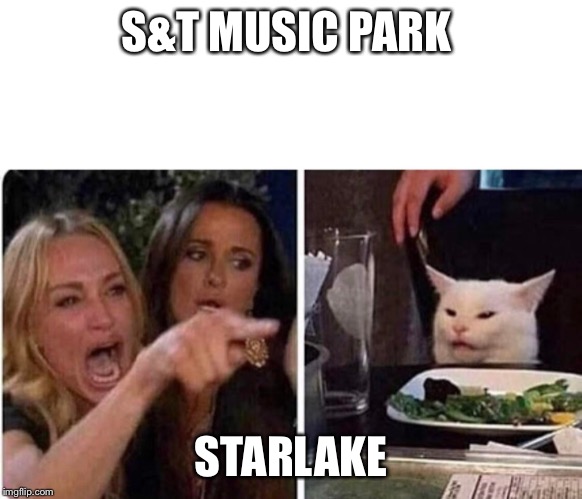 Lady screams at cat | S&T MUSIC PARK; STARLAKE | image tagged in lady screams at cat | made w/ Imgflip meme maker
