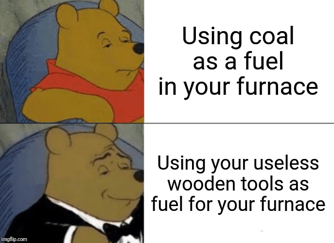 Tuxedo Winnie The Pooh | Using coal as a fuel in your furnace; Using your useless wooden tools as fuel for your furnace | image tagged in memes,tuxedo winnie the pooh | made w/ Imgflip meme maker