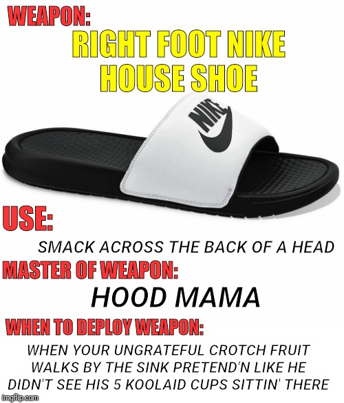 Nike | WEAPON:; RIGHT FOOT NIKE
HOUSE SHOE; USE:; SMACK ACROSS THE BACK OF A HEAD; MASTER OF WEAPON:; HOOD MAMA; WHEN YOUR UNGRATEFUL CROTCH FRUIT
WALKS BY THE SINK PRETEND'N LIKE HE DIDN'T SEE HIS 5 KOOLAID CUPS SITTIN' THERE; WHEN TO DEPLOY WEAPON: | image tagged in hood mom weapon,parenthood,moms,growing up | made w/ Imgflip meme maker