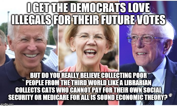 yep | I GET THE DEMOCRATS LOVE ILLEGALS FOR THEIR FUTURE VOTES; BUT DO YOU REALLY BELIEVE COLLECTING POOR PEOPLE FROM THE THIRD WORLD LIKE A LIBRARIAN COLLECTS CATS WHO CANNOT PAY FOR THEIR OWN SOCIAL SECURITY OR MEDICARE FOR ALL IS SOUND ECONOMIC THEORY? | image tagged in democrats,2020 elections,border wall,elizabeth warren,bernie sanders,joe biden | made w/ Imgflip meme maker