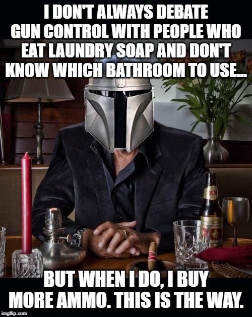 Interesting Mandaloriann | I DON'T ALWAYS DEBATE GUN CONTROL WITH PEOPLE WHO EAT LAUNDRY SOAP AND DON'T KNOW WHICH BATHROOM TO USE... BUT WHEN I DO, I BUY MORE AMMO. THIS IS THE WAY. | image tagged in interesting mandaloriann | made w/ Imgflip meme maker