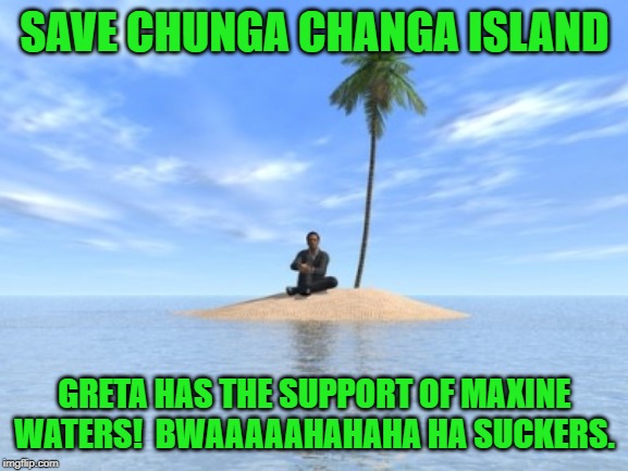 Desert island | SAVE CHUNGA CHANGA ISLAND; GRETA HAS THE SUPPORT OF MAXINE WATERS!  BWAAAAAHAHAHA HA SUCKERS. | image tagged in desert island | made w/ Imgflip meme maker