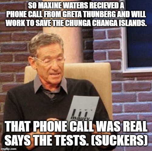 Maury Lie Detector Meme | SO MAXINE WATERS RECIEVED A PHONE CALL FROM GRETA THUNBERG AND WILL WORK TO SAVE THE CHUNGA CHANGA ISLANDS. THAT PHONE CALL WAS REAL SAYS THE TESTS. (SUCKERS) | image tagged in memes,maury lie detector | made w/ Imgflip meme maker