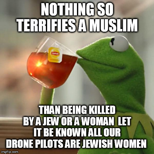 But That's None Of My Business Meme | NOTHING SO TERRIFIES A MUSLIM; THAN BEING KILLED BY A JEW OR A WOMAN  LET IT BE KNOWN ALL OUR DRONE PILOTS ARE JEWISH WOMEN | image tagged in memes,but thats none of my business,kermit the frog | made w/ Imgflip meme maker