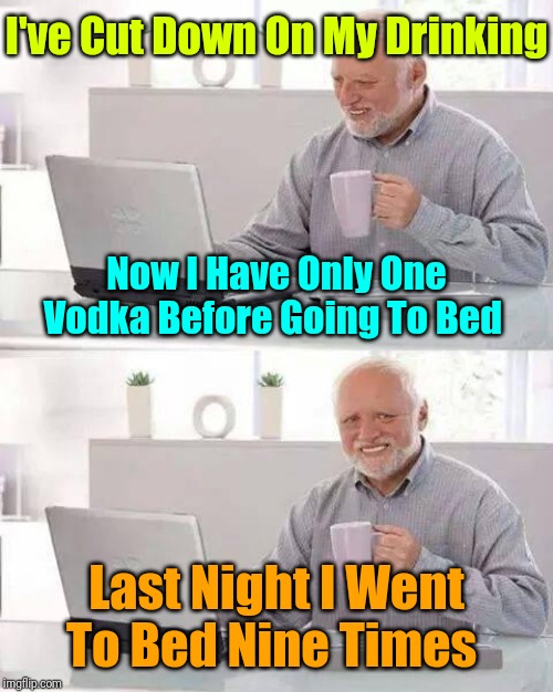 Harold Trying To Keep The New Year Resolutions...And To Make Matters Worse, He Couldn't Find The Bed. | I've Cut Down On My Drinking; Now I Have Only One Vodka Before Going To Bed; Last Night I Went To Bed Nine Times | image tagged in memes,hide the pain harold,new years resolutions | made w/ Imgflip meme maker