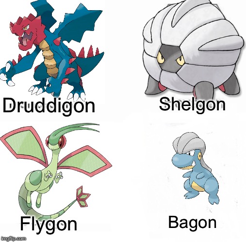 Pentagon Hexagon Octagon | Druddigon; Shelgon; Flygon; Bagon | image tagged in memes,pentagon hexagon octagon,pokemon | made w/ Imgflip meme maker