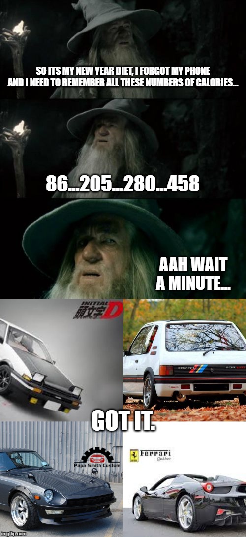 Gandalf on Calorie Counting | SO ITS MY NEW YEAR DIET, I FORGOT MY PHONE AND I NEED TO REMEMBER ALL THESE NUMBERS OF CALORIES... 86...205...280...458; AAH WAIT A MINUTE... GOT IT. | image tagged in memes,confused gandalf,calories,cars,car memes,sport car | made w/ Imgflip meme maker