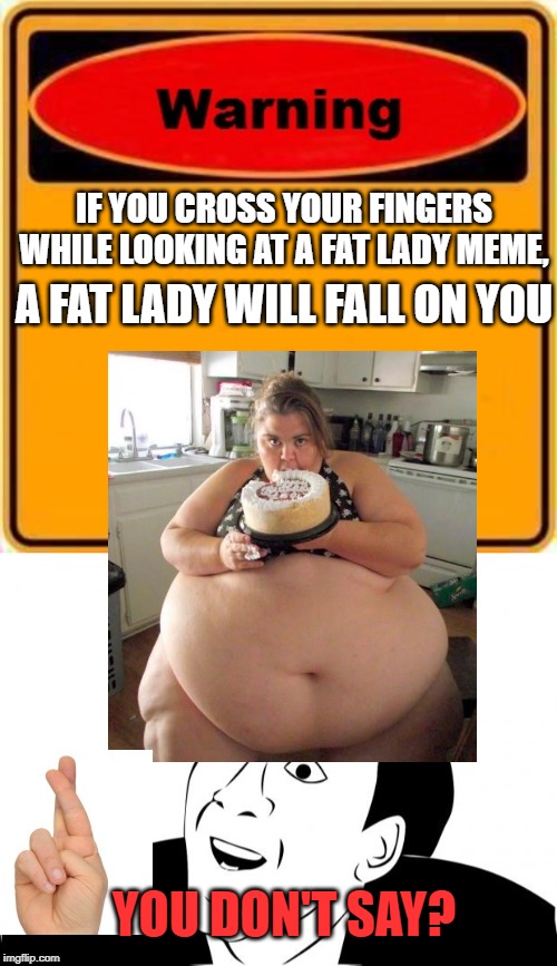 IF YOU CROSS YOUR FINGERS WHILE LOOKING AT A FAT LADY MEME, A FAT LADY WILL FALL ON YOU; YOU DON'T SAY? | image tagged in memes,you don't say,warning sign | made w/ Imgflip meme maker