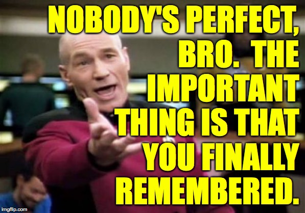 Picard Wtf Meme | NOBODY'S PERFECT,
BRO.  THE
IMPORTANT
THING IS THAT
YOU FINALLY
REMEMBERED. | image tagged in memes,picard wtf | made w/ Imgflip meme maker