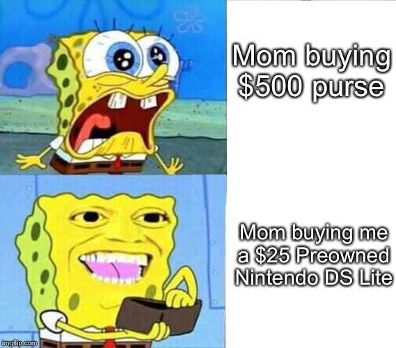 Spongebob Wallet | Mom buying $500 purse; Mom buying me a $25 Preowned Nintendo DS Lite | image tagged in spongebob wallet | made w/ Imgflip meme maker