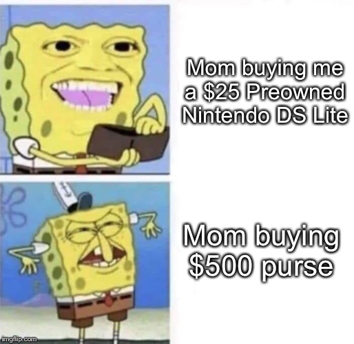 Spongebob wallet | Mom buying me a $25 Preowned Nintendo DS Lite; Mom buying $500 purse | image tagged in spongebob wallet | made w/ Imgflip meme maker