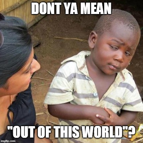 Third World Skeptical Kid Meme | DONT YA MEAN "OUT OF THIS WORLD"? | image tagged in memes,third world skeptical kid | made w/ Imgflip meme maker
