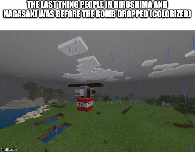 Flying TNT Yeeter | THE LAST THING PEOPLE IN HIROSHIMA AND NAGASAKI WAS BEFORE THE BOMB DROPPED (COLORIZED) | image tagged in flying tnt yeeter | made w/ Imgflip meme maker