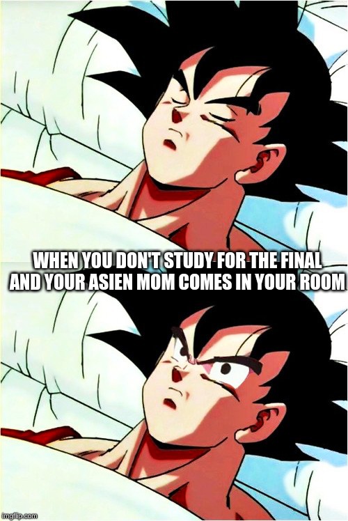 goku sleeping wake up | WHEN YOU DON'T STUDY FOR THE FINAL AND YOUR ASIEN MOM COMES IN YOUR ROOM | image tagged in goku sleeping wake up | made w/ Imgflip meme maker