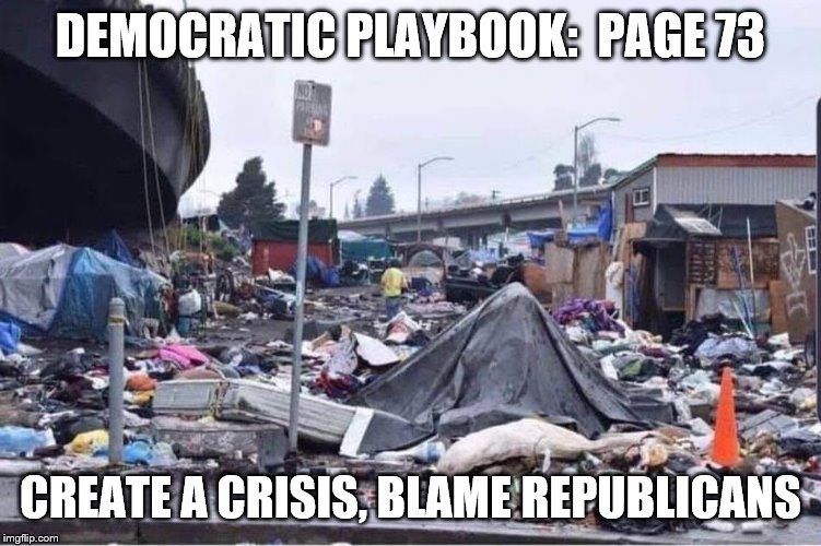 democrats ruin everything |  DEMOCRATIC PLAYBOOK:  PAGE 73; CREATE A CRISIS, BLAME REPUBLICANS | image tagged in california cities,homeless,crisis,democrat policy,vote republican | made w/ Imgflip meme maker