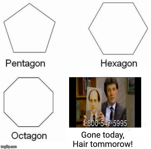 Pentagon Hexagon Octagon | Gone today, Hair tommorow! | image tagged in memes,pentagon hexagon octagon | made w/ Imgflip meme maker