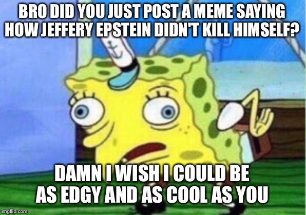 Mocking Spongebob | BRO DID YOU JUST POST A MEME SAYING HOW JEFFERY EPSTEIN DIDN'T KILL HIMSELF? DAMN I WISH I COULD BE AS EDGY AND AS COOL AS YOU | image tagged in memes,mocking spongebob | made w/ Imgflip meme maker