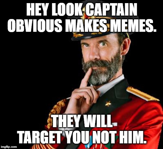 captain obvious | HEY LOOK CAPTAIN OBVIOUS MAKES MEMES. THEY WILL TARGET YOU NOT HIM. | image tagged in captain obvious | made w/ Imgflip meme maker