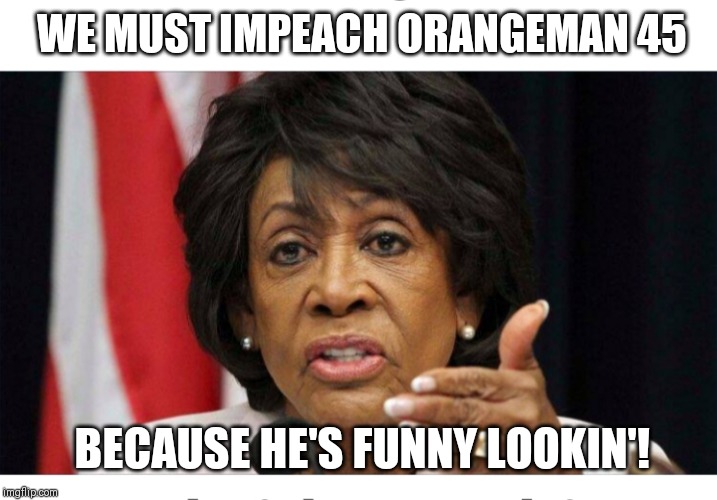 Look who's talkin' | WE MUST IMPEACH ORANGEMAN 45; BECAUSE HE'S FUNNY LOOKIN'! | image tagged in maxine waters | made w/ Imgflip meme maker