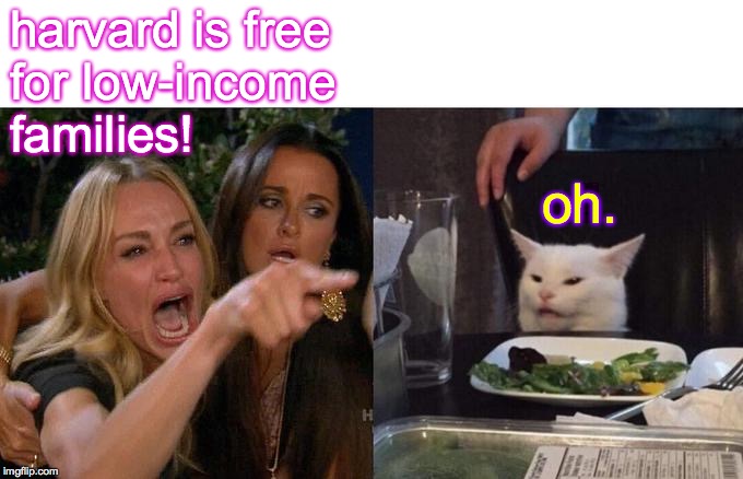 Woman Yelling At Cat Meme | harvard is free
for low-income
families! oh. | image tagged in memes,woman yelling at cat | made w/ Imgflip meme maker