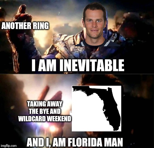 I am inevitable and i am Iron Man | ANOTHER RING; I AM INEVITABLE; TAKING AWAY THE BYE AND WILDCARD WEEKEND; AND I, AM FLORIDA MAN | image tagged in i am inevitable and i am iron man,nflmemes | made w/ Imgflip meme maker