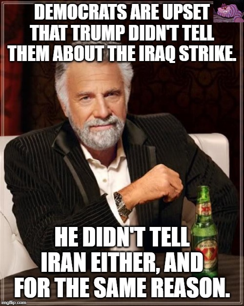 If you don't want leaks, don't tell the Democrats. | DEMOCRATS ARE UPSET THAT TRUMP DIDN'T TELL THEM ABOUT THE IRAQ STRIKE. HE DIDN'T TELL IRAN EITHER, AND FOR THE SAME REASON. | image tagged in memes,the most interesting man in the world | made w/ Imgflip meme maker
