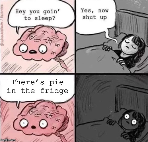 waking up brain | There’s pie in the fridge | image tagged in waking up brain | made w/ Imgflip meme maker