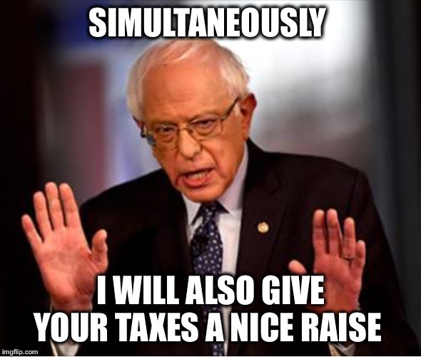 Bernie hands | SIMULTANEOUSLY I WILL ALSO GIVE YOUR TAXES A NICE RAISE | image tagged in bernie hands | made w/ Imgflip meme maker