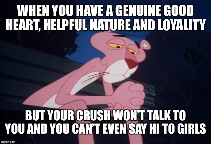 Sad Pink Panther | WHEN YOU HAVE A GENUINE GOOD HEART, HELPFUL NATURE AND LOYALITY; BUT YOUR CRUSH WON’T TALK TO YOU AND YOU CAN’T EVEN SAY HI TO GIRLS | image tagged in sad pink panther | made w/ Imgflip meme maker