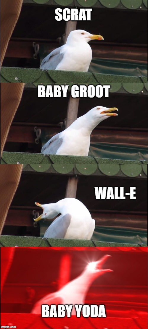 Inhaling Seagull | SCRAT; BABY GROOT; WALL-E; BABY YODA | image tagged in memes,inhaling seagull | made w/ Imgflip meme maker