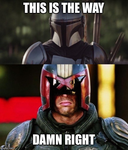 Like Mando like... | THIS IS THE WAY; DAMN RIGHT | image tagged in mandalorian,judge dredd,this is the way | made w/ Imgflip meme maker