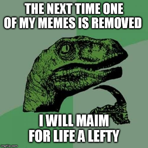 Philosoraptor Meme | THE NEXT TIME ONE OF MY MEMES IS REMOVED; I WILL MAIM FOR LIFE A LEFTY | image tagged in memes,philosoraptor | made w/ Imgflip meme maker