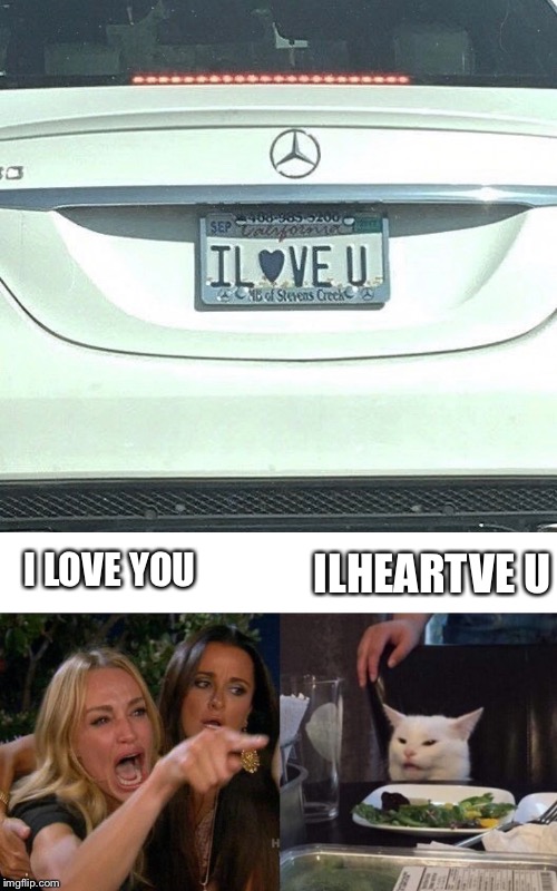 ILHEARTVE U; I LOVE YOU | image tagged in memes,woman yelling at cat | made w/ Imgflip meme maker