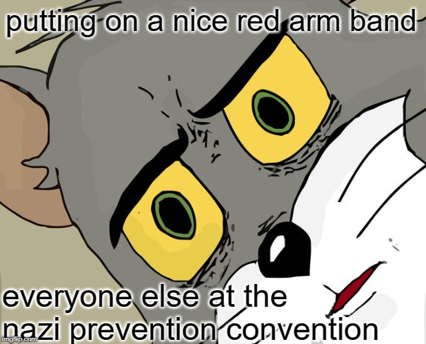 Unsettled Tom Meme | putting on a nice red arm band; everyone else at the nazi prevention convention | image tagged in memes,unsettled tom | made w/ Imgflip meme maker