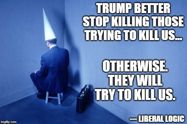 Liberal Logic - Killing Terrorists | --- LIBERAL LOGIC | image tagged in dunce,trump,liberal logic,terrorists,kill | made w/ Imgflip meme maker