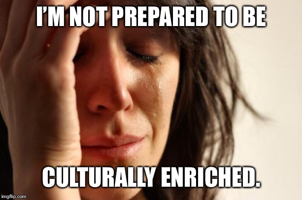 First World Problems | I’M NOT PREPARED TO BE; CULTURALLY ENRICHED. | image tagged in memes,first world problems | made w/ Imgflip meme maker