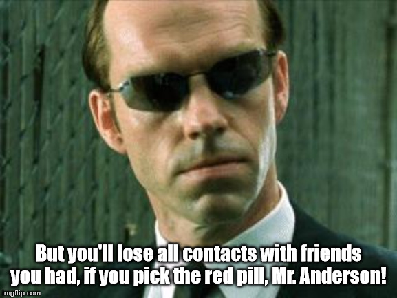 Agent Smith Matrix | But you'll lose all contacts with friends you had, if you pick the red pill, Mr. Anderson! | image tagged in agent smith matrix | made w/ Imgflip meme maker