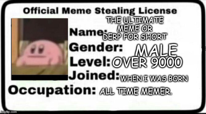 Meme Stealing License | THE ULTIMATE MEME OR DERP FOR SHORT; MALE; OVER 9000; WHEN I WAS BORN; ALL TIME MEMER. | image tagged in meme stealing license | made w/ Imgflip meme maker