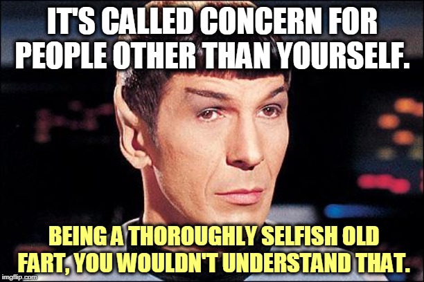 Condescending Spock | IT'S CALLED CONCERN FOR PEOPLE OTHER THAN YOURSELF. BEING A THOROUGHLY SELFISH OLD FART, YOU WOULDN'T UNDERSTAND THAT. | image tagged in condescending spock | made w/ Imgflip meme maker