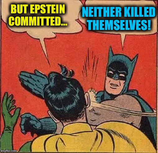 Batman Slapping Robin Meme | BUT EPSTEIN COMMITTED... NEITHER KILLED THEMSELVES! | image tagged in memes,batman slapping robin | made w/ Imgflip meme maker
