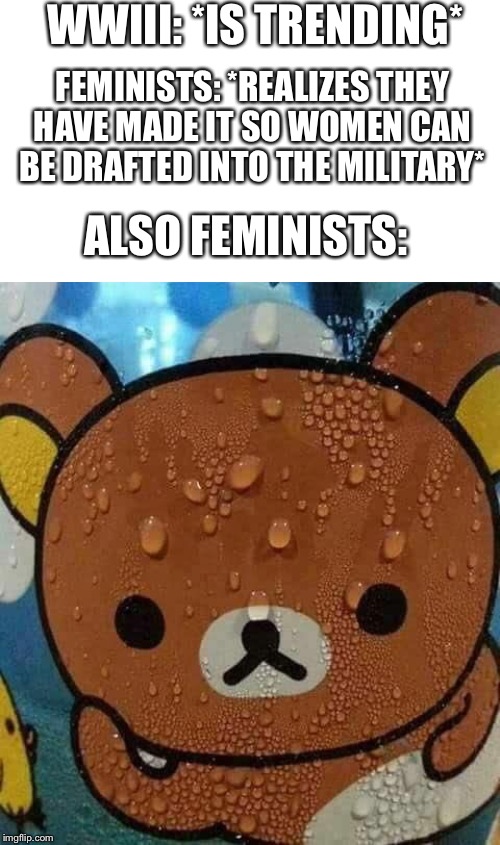 The Moment She Realized | WWIII: *IS TRENDING*; FEMINISTS: *REALIZES THEY HAVE MADE IT SO WOMEN CAN BE DRAFTED INTO THE MILITARY*; ALSO FEMINISTS: | image tagged in sweat bear,ww3,feminism | made w/ Imgflip meme maker